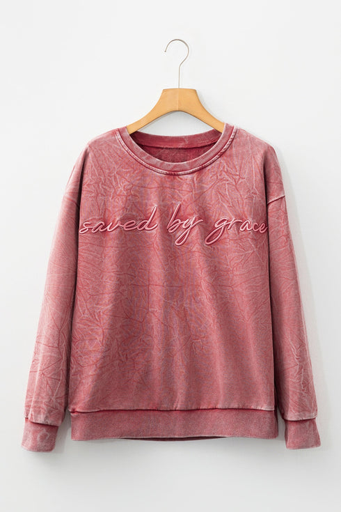 Textured Saved By Grace Graphic Embroidered Pullover Sweatshirt