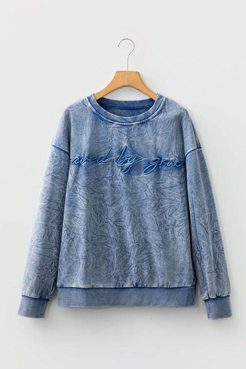 Textured Saved By Grace Graphic Embroidered Pullover Sweatshirt