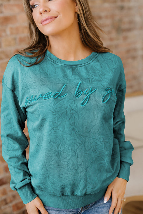 Textured Saved By Grace Graphic Embroidered Pullover Sweatshirt