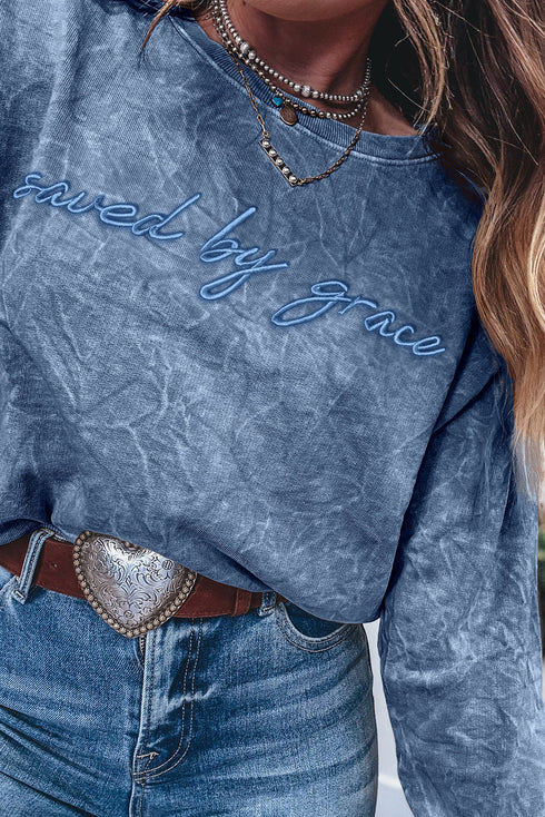 Textured Saved By Grace Graphic Embroidered Pullover Sweatshirt