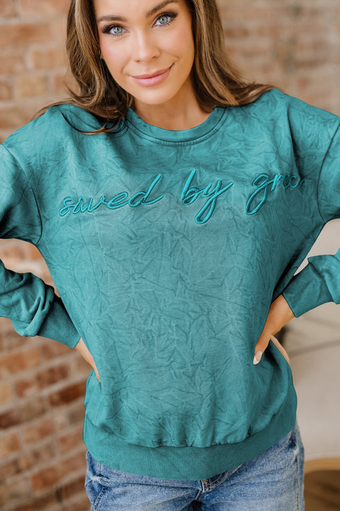 Textured Saved By Grace Graphic Embroidered Pullover Sweatshirt