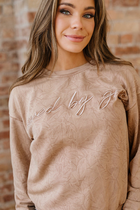 Textured Saved By Grace Graphic Embroidered Pullover Sweatshirt