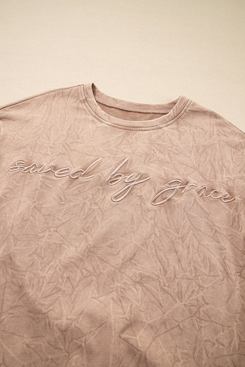 Textured Saved By Grace Graphic Embroidered Pullover Sweatshirt
