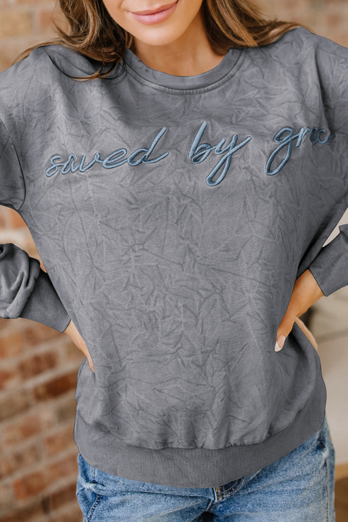 Textured Saved By Grace Graphic Embroidered Pullover Sweatshirt