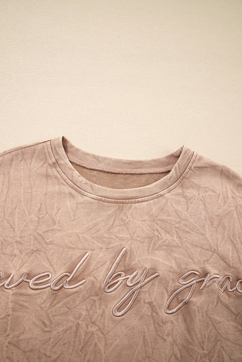 Textured Saved By Grace Graphic Embroidered Pullover Sweatshirt