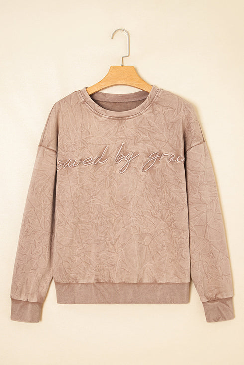 Textured Saved By Grace Graphic Embroidered Pullover Sweatshirt