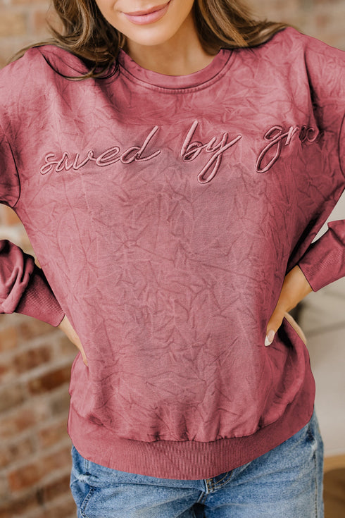 Textured Saved By Grace Graphic Embroidered Pullover Sweatshirt