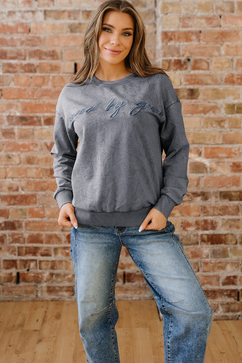 Textured Saved By Grace Graphic Embroidered Pullover Sweatshirt