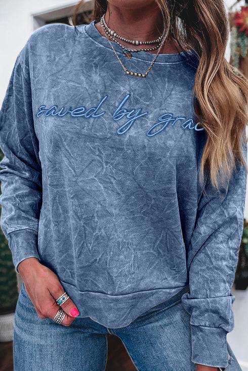 Textured Saved By Grace Graphic Embroidered Pullover Sweatshirt