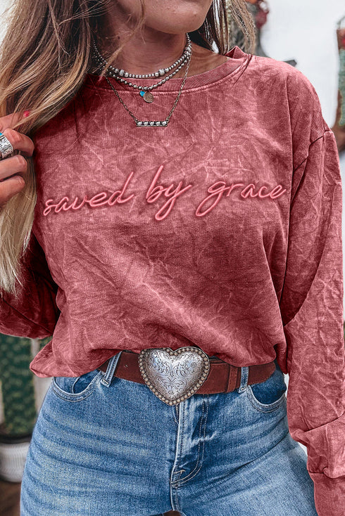 Textured Saved By Grace Graphic Embroidered Pullover Sweatshirt