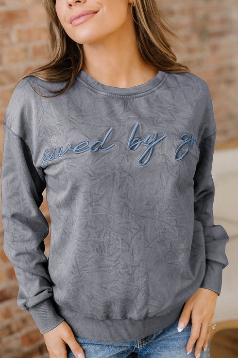 Textured Saved By Grace Graphic Embroidered Pullover Sweatshirt