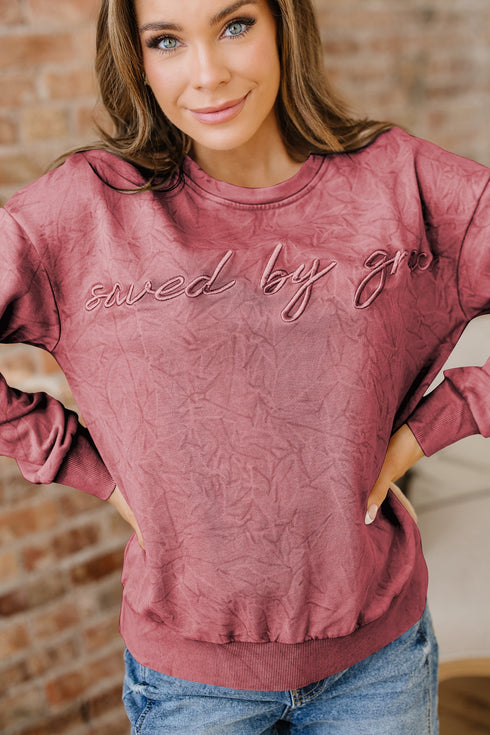 Textured Saved By Grace Graphic Embroidered Pullover Sweatshirt