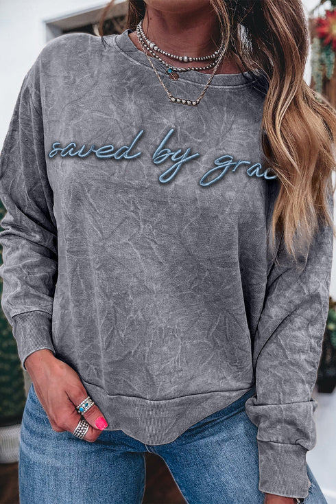 Textured Saved By Grace Graphic Embroidered Pullover Sweatshirt