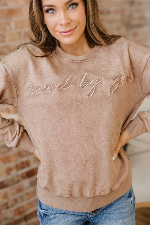 Textured Saved By Grace Graphic Embroidered Pullover Sweatshirt