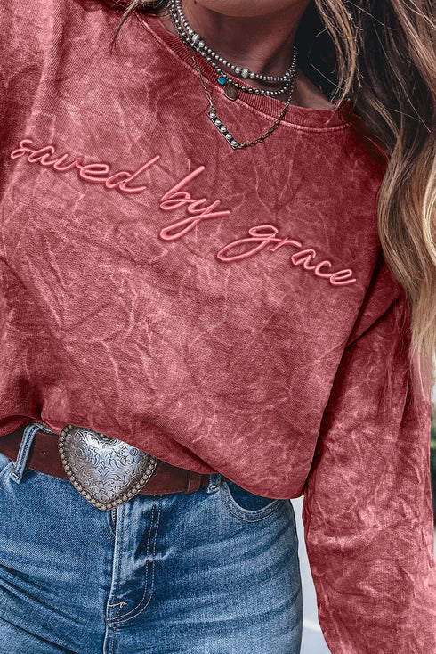 Textured Saved By Grace Graphic Embroidered Pullover Sweatshirt