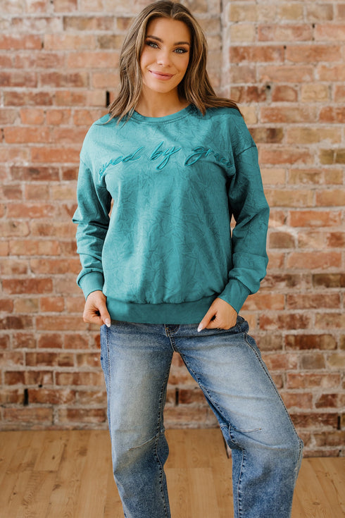 Textured Saved By Grace Graphic Embroidered Pullover Sweatshirt