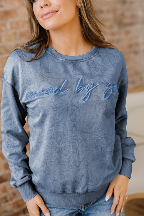 Textured Saved By Grace Graphic Embroidered Pullover Sweatshirt