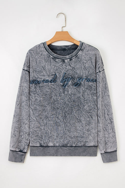 Textured Saved By Grace Graphic Embroidered Pullover Sweatshirt