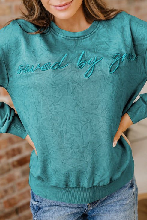 Textured Saved By Grace Graphic Embroidered Pullover Sweatshirt
