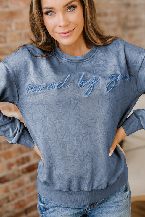 Textured Saved By Grace Graphic Embroidered Pullover Sweatshirt