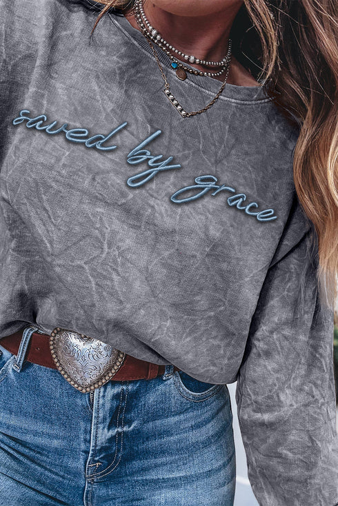 Textured Saved By Grace Graphic Embroidered Pullover Sweatshirt