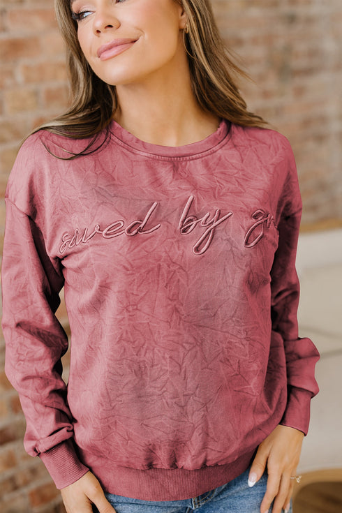 Textured Saved By Grace Graphic Embroidered Pullover Sweatshirt