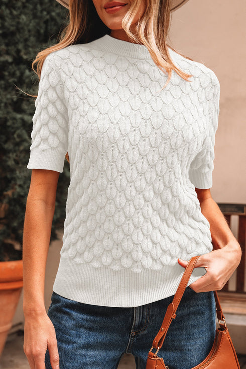 Textured Scale Knit Mock Neck Short Sleeve Sweater