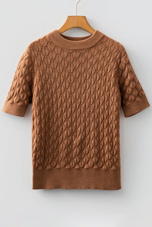 Textured Scale Knit Mock Neck Short Sleeve Sweater