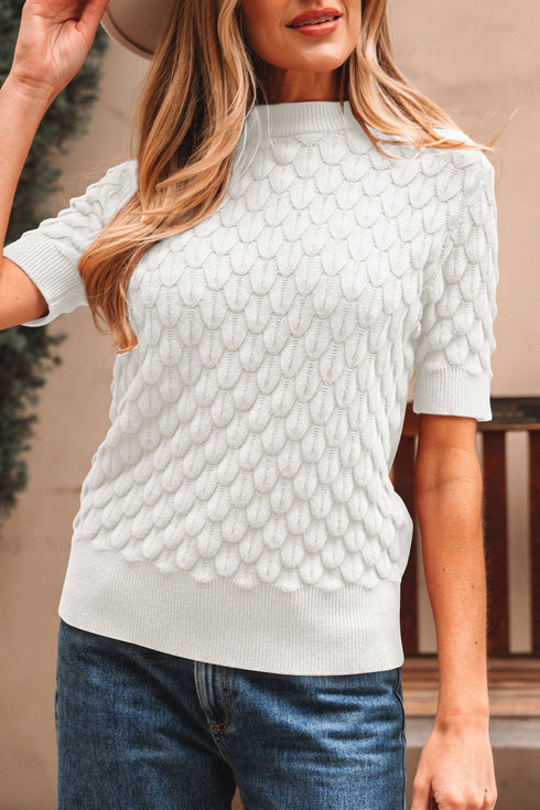 Textured Scale Knit Mock Neck Short Sleeve Sweater