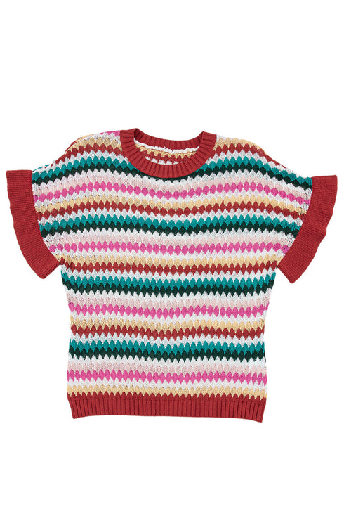 Textured Scalloped Chevron Stripe Knit Sweater Top