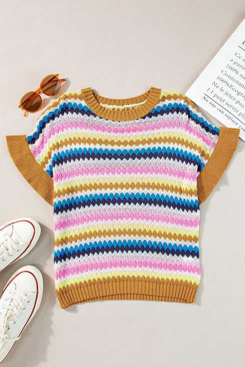 Textured Scalloped Chevron Stripe Knit Sweater Top