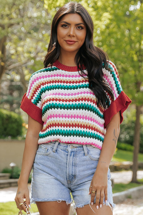 Textured Scalloped Chevron Stripe Knit Sweater Top
