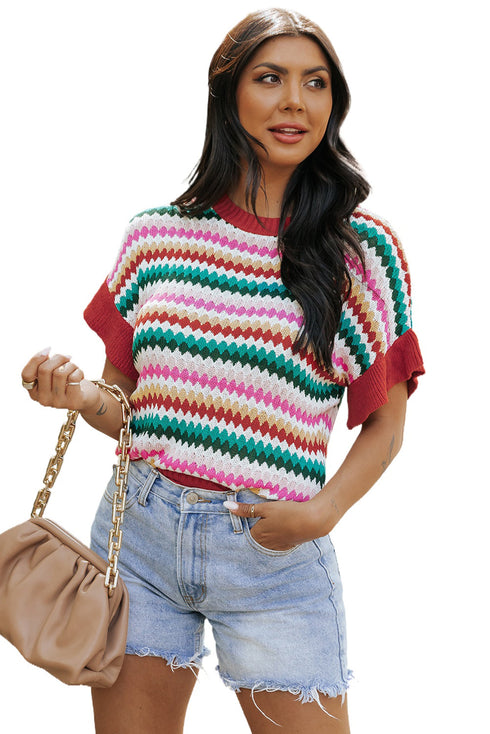 Textured Scalloped Chevron Stripe Knit Sweater Top