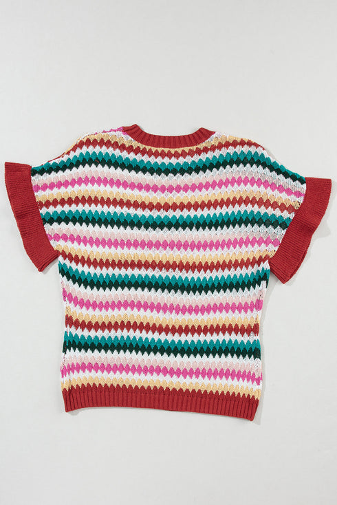 Textured Scalloped Chevron Stripe Knit Sweater Top