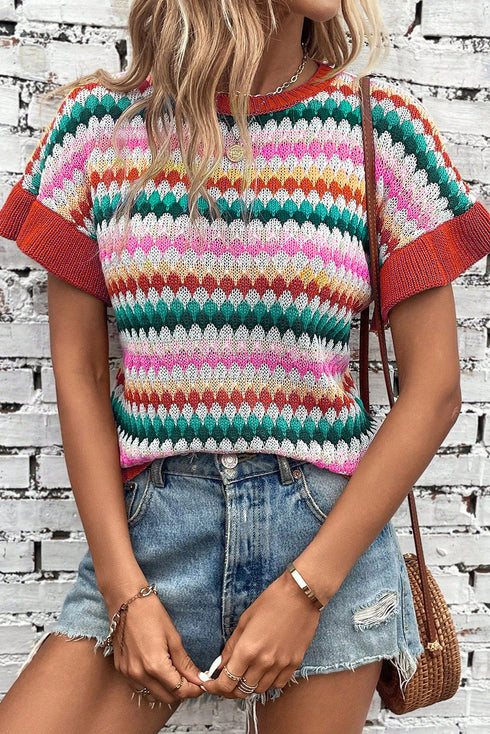 Textured Scalloped Chevron Stripe Knit Sweater Top