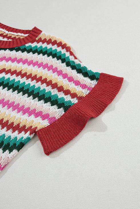 Textured Scalloped Chevron Stripe Knit Sweater Top