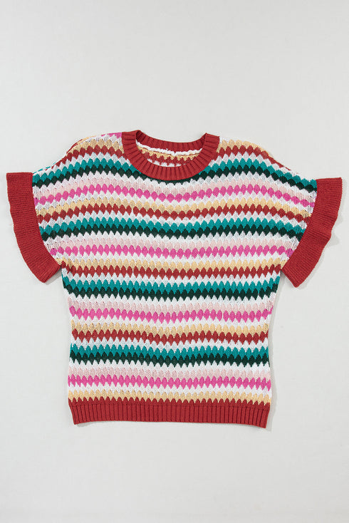 Textured Scalloped Chevron Stripe Knit Sweater Top