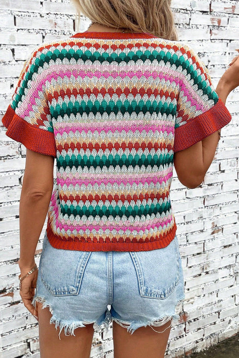 Textured Scalloped Chevron Stripe Knit Sweater Top