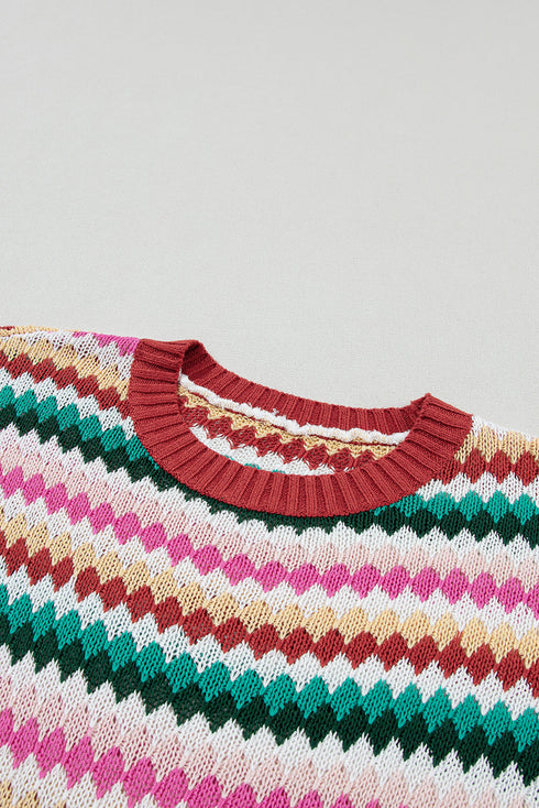 Textured Scalloped Chevron Stripe Knit Sweater Top