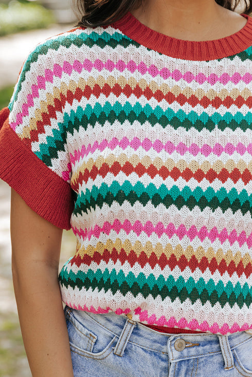Textured Scalloped Chevron Stripe Knit Sweater Top