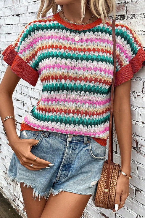 Textured Scalloped Chevron Stripe Knit Sweater Top