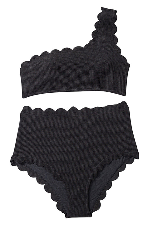 Textured Scalloped One Shoulder High Waisted Bikini Set
