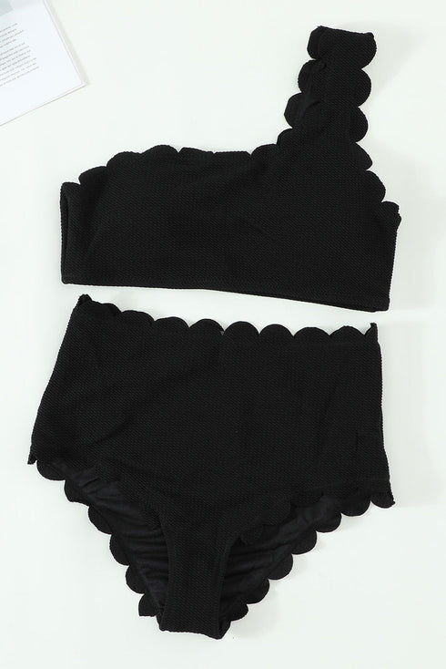 Textured Scalloped One Shoulder High Waisted Bikini Set