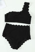 Textured Scalloped One Shoulder High Waisted Bikini Set