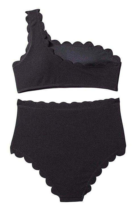 Textured Scalloped One Shoulder High Waisted Bikini Set
