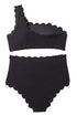 Textured Scalloped One Shoulder High Waisted Bikini Set