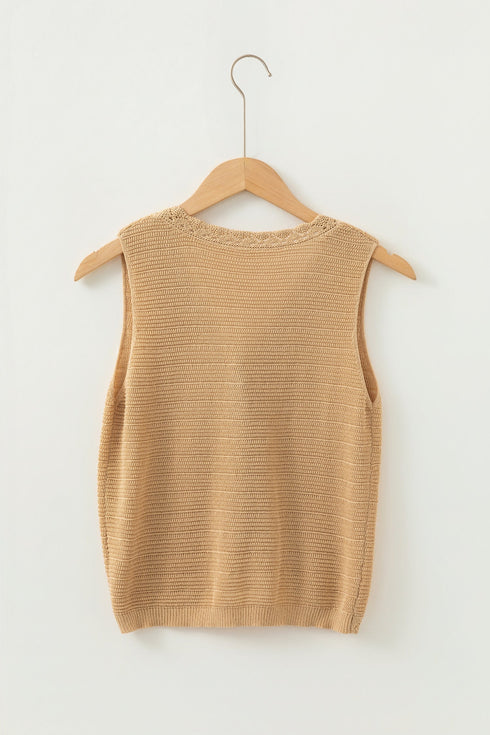 Textured Scalloped V Neck Button Front Knit Vest