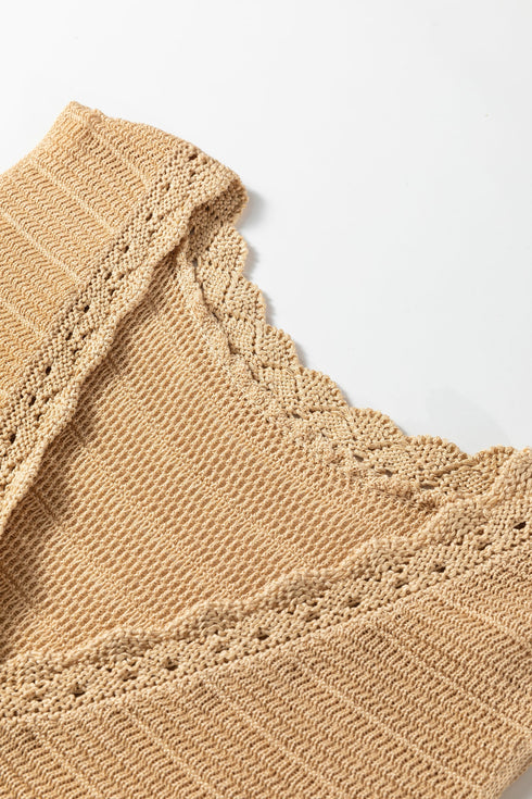 Textured Scalloped V Neck Button Front Knit Vest