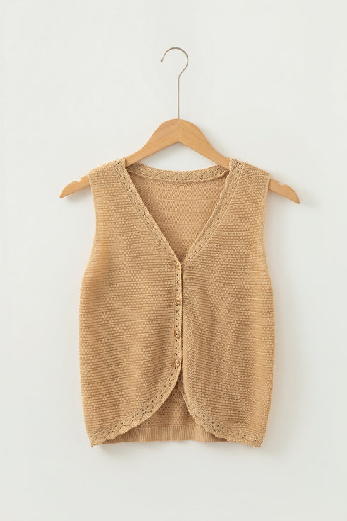 Textured Scalloped V Neck Button Front Knit Vest