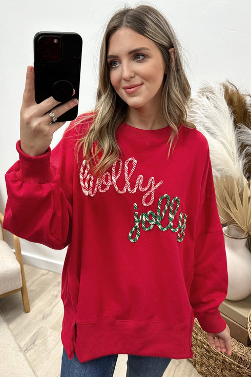 Textured Script Applique Relaxed Fit Crew Neck Sweatshirt
